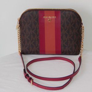 NWT MICHAEL KORS MK MONOGRAM Center Stripe CINDY LG Dome CHAIN XBODY BAG Berry